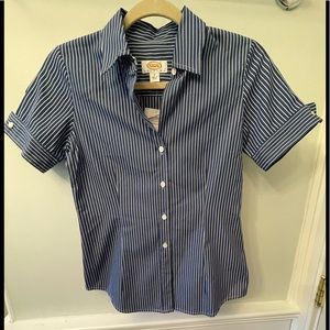 NWT TALBOTS Navy Blue Pinstripe Cotton Button Blouse, Size 2
